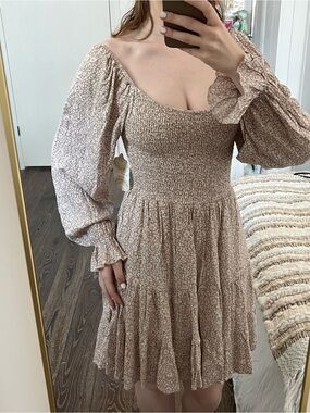 Altar'd State Taupe Floral Smocked Mini Dress